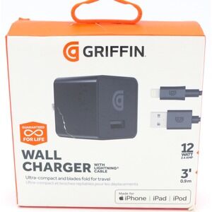Griffin Compact Wall Charger w/ 3' Lightning Cable Black 12W 2.4A M-Fi Certified